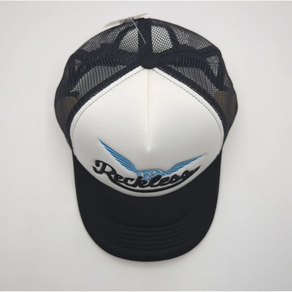 Young & Reckless Trucker Hat Black White Blue Winged Logo Snapback Mesh Cap